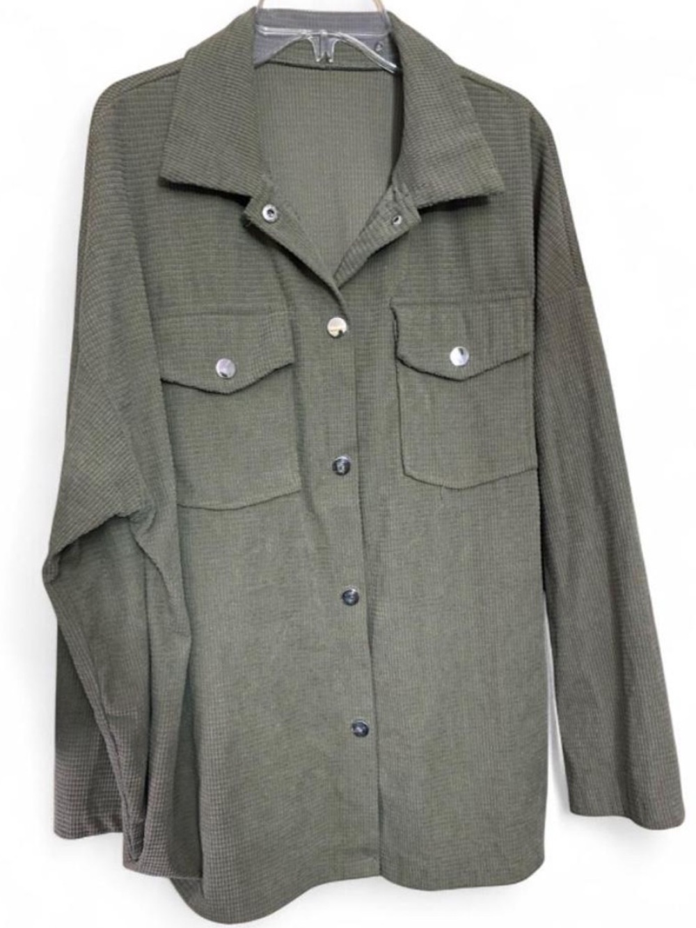 Olive Green Waffle Knit Button Up Utility Shacket Oversized Relaxed Fit Large